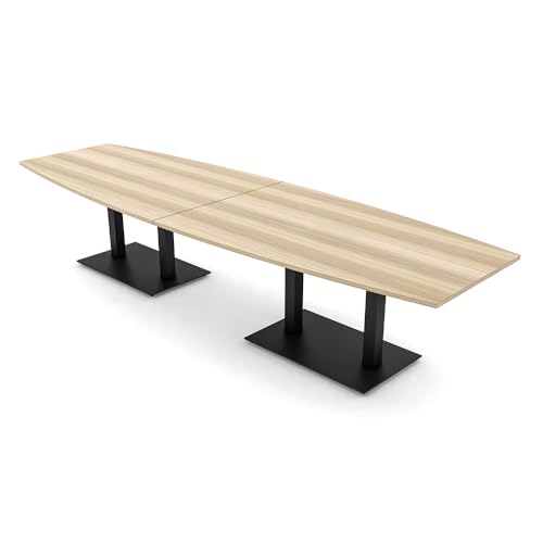 Harmony Series 12-Person Boat-Shaped Modular Conference Table with Matte Black Square Metal Bases | Scratch-Resistant Thermally-Fused Laminate | Easy to Assemble | Blonde Surfside Ash -12ft SKUTCHI DESIGNS INC.