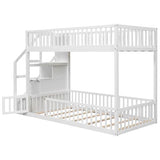 SOFTSEA Twin Over Twin Floor Bunk Bed with Storage Stairs, Solid Wood Low Bunk Bed Frame with Door & Guardrails, Space-Saving Stairway Bunk Beds for Kids Teens & Adults, White SOFTSEA