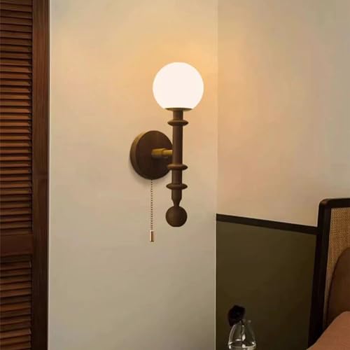 RXPVUXE Vintage Wood Wall Sconce Globe Glass Wall Lamp with Pull Chain Switch, Farmhouse Bedside Aisle Deco Lighting Fixture Retro Modern Wooden Wall Light for Living Room Hallway Stairs, E27 RXPVUXE