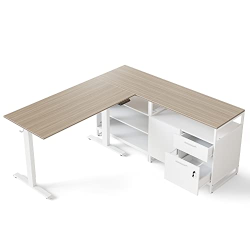 FEZIBO 66 Inch Executive L Shaped Standing Desk, Electric Height Adjustable Stand up Desk with 2-Drawer File Cabinet, Home Office Modern Wood Computer Desk with Shelves, White Frame/Light Walnut Top FEZIBO