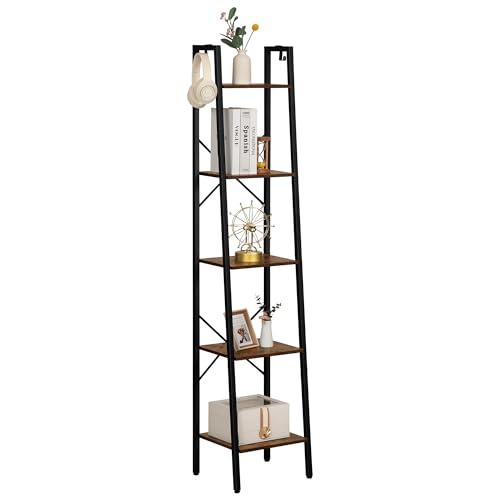 Hzuaneri 5-Tier Industrial Ladder Shelf in Rustic Brown with Hooks for Versatile Home Storage Hzuaneri