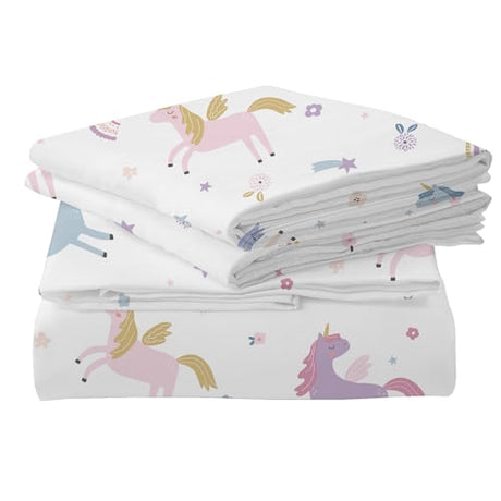 MUSOLEI Unicorn Fitted Sheet Set Full Girls Rainbow Star Sheet Pink Flower Bedding Set 1 Deep Pocket Fitted Sheet with 2 Pillowcases Multi-Colour Girls Kids Teenagers Gift Queen MUSOLEI