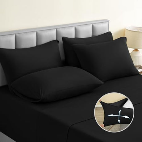 BYSURE Jersey Knit King Size Sheets Set 6 Pieces, Stretch Super Soft and Wrinkle-Free Bed Sheets, Spandex Blend with 18-inch Deep Pocket, Black BYSURE
