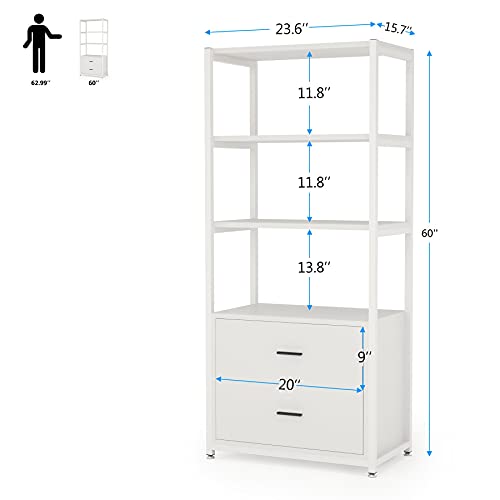 Tribesigns Bookcase, 4-Tier White Bookshelf with 2 Drawers, Etagere Standard Book Shelves Display Shelf for Home Office (White)