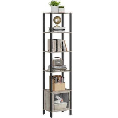 TUTOTAK 6-Tier Greige Narrow Bookcase with Door for Small Spaces - WoodArtSupply