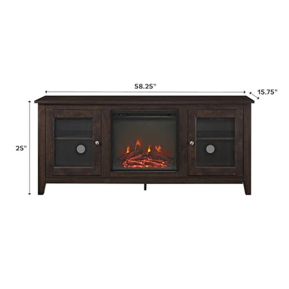 Walker Edison Rustic Wood and Glass Fireplace TV Stand for TV's up to 64" Flat Screen Living Room Storage Cabinet Doors and Shelves Entertainment Center, 58 Inch, Black