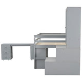 Merax Full Size Wood Loft Bed with Under-Bed Desk and A Big Storage, Storage Staircase,Drawers, Shelves, Integrated Wardrobe,Mobile Workstation,Gray Merax