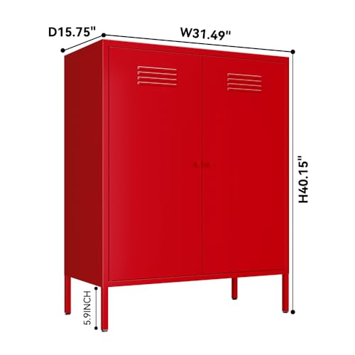 LINGZOE Red Metal Locker Storage Accent Cabinets with 2 Adjustable Shelves, 3 Tier Metal Storage Cabinet with Legs, Steel Cupboard Lockers for Kids Bedroom, Home, Office, Entryway, Kitchen LINGZOE