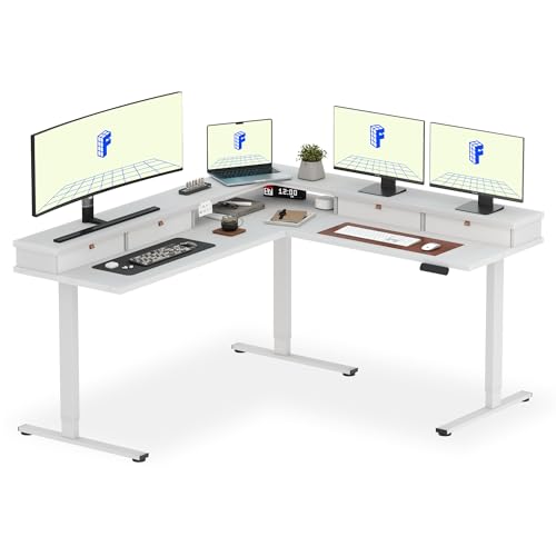 FLEXISPOT 71" Large L Shaped Standing Desk Electric Corner Table with Shelf, 4 Storage Drawers, Adjustable Computer Workstation for Home, Office, Game, Studio, White Top + White Frame FLEXISPOT