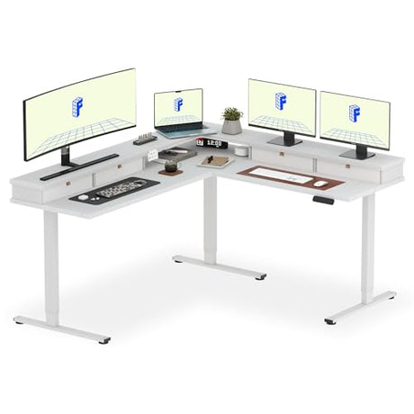 FLEXISPOT 71" Large L Shaped Standing Desk Electric Corner Table with Shelf, 4 Storage Drawers, Adjustable Computer Workstation for Home, Office, Game, Studio, White Top + White Frame FLEXISPOT