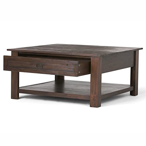 SIMPLIHOME Monroe SOLID ACACIA WOOD 38 Inch Wide Square Rustic Coffee Table in Distressed Charcoal Brown, For the Living Room and Family Room SIMPLIHOME