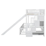 PVWIIK Twin Over Full Staircase Bunk Bed for Girls Boys,Kid,Wood Bunkbeds with Safety Guardrails,No Box Spring Needed & Space Saving Design, White PVWIIK