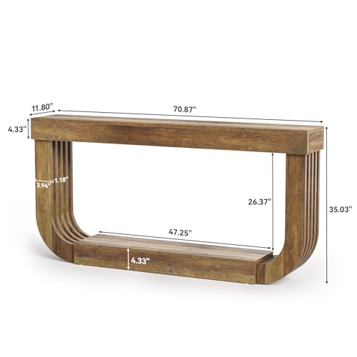 LITTLE TREE 70.9-Inch Extra Long Narrow Console Table, 2-Tier Brown Wooden Sofa Table for Living Room, Large Hallway Foyer Table with Heavy Duty U-Shaped Pedestal LITTLE TREE