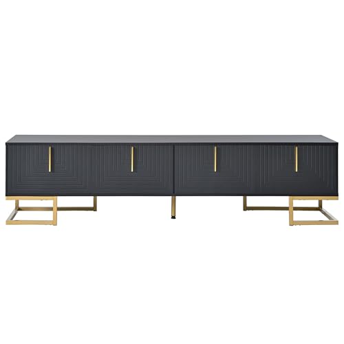 ON-TREND Modern TV Stand with Metal Legs and Gold Handles for TVs Up to 80'', Media Console Table with Cabinets and Adjustable Shelves, Luxury TV Cabinet with Geometric Lines for Living Room, Black Harper & Bright Designs