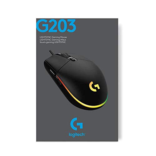 Logitech G203 Wired Gaming Mouse, 8,000 DPI, Rainbow Optical Effect LIGHTSYNC RGB, 6 Programmable Buttons, On-Board Memory, Screen Mapping, PC/Mac Computer and Laptop Compatible - Black Logitech G