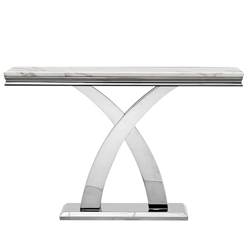 Modern Rectangular Console Table - Faux Marble Top, Stainless Steel Base for Living Room, Hallway, Bedroom, Home Office HomVent