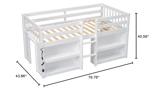 Softsea Twin Low Loft Bed with 2-Tier Shelves & LED Light in White - WoodArtSupply