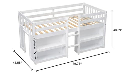 Softsea Twin Low Loft Bed with 2-Tier Shelves & LED Light in White - WoodArtSupply