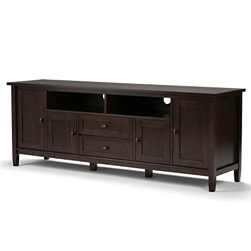 SIMPLIHOME Warm Shaker SOLID WOOD Universal TV Media Stand, 72 Inch Wide, Farmhouse Rustic, Living Room Entertainment Center, for Flat Screen TVs up to 80 Inch in Tobacco Brown