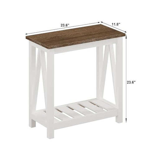ChooChoo Farmhouse End Table, Rustic Vintage Narrow End Side Table with Storage Shelf for Small Spaces, Nightstand Sofa Table for Living Room, Bedroom White ChooChoo
