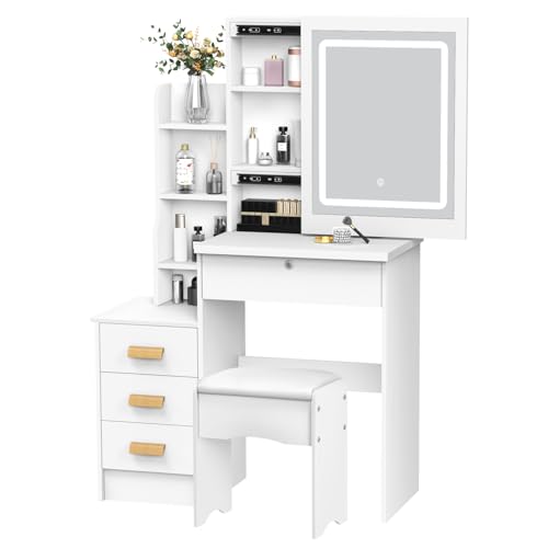 Vanity Desk with LED Lighted Mirror,Makeup Vanity Table with 4 Drawers for Bedroom Bathroom,Vanity Desk with Lights,Makeup Vanity with Mirror,Dressing Table with Drawers for Women Girls Gift (White) NEREIDS NET