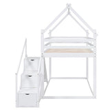Merax House Shaped Junior Bunk Bed Frame Twin Over Twin with Slide and Storage Stairs, Wood Low Bunkbed with Full-Length Guardrails and Roof Design for Teens, Boys, Girls, No Box Spring Needed, White Merax
