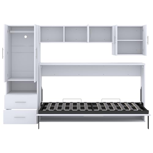 FAVSH Twin Size Murphy Bed Built-in Wardrobe and Table, Fold-The-Way Bed,with Open Shelves and Storage Drawers,Space-Saving Hidden Bed,Wall Bed for Bedroom.White FAVSH