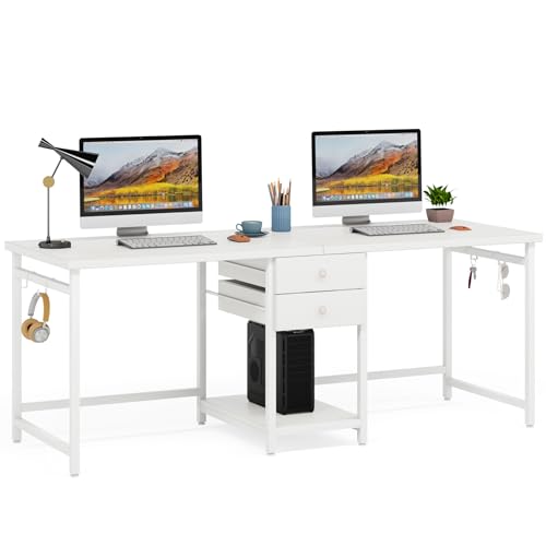 Tribesigns 79 Inch Extra Long Desk, Double Desk with 2 Drawers, Two Person Desk Long Computer Desk with Storage Shelves, Writing Table Study Desk for Home Office, White Tribesigns