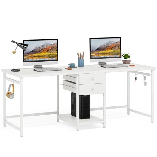 Tribesigns 79 Inch Extra Long Desk, Double Desk with 2 Drawers, Two Person Desk Long Computer Desk with Storage Shelves, Writing Table Study Desk for Home Office, White - WoodArtSupply