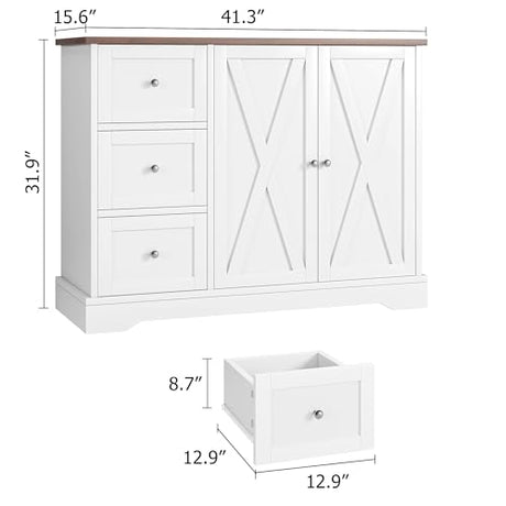 Garvee Buffet Cabinet with Drawers, 42" Large Sideboard Buffet Storage Cabinet with Shelves and Doors, Modern Farmhouse Coffee Bar Station Wood Kitchen Table for Kitchen, Dining Room, White Garvee