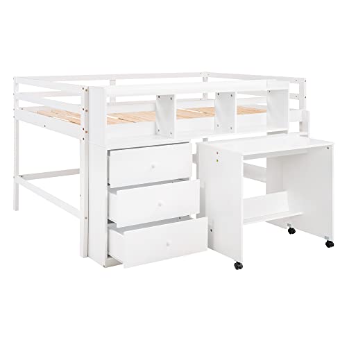 BOVZA Full Size Low Loft Bed with Portable Desk, Drawers, and Shelves in White - WoodArtSupply