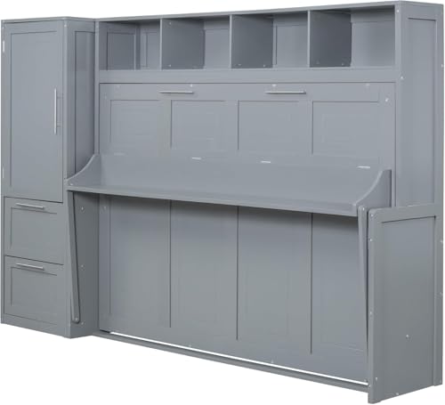 Virubi Queen Horizontal Murphy Bed with Storage Wardrobe Closet,2 Drawer,4 Storage Shelves,Wood Folding Murphy Wall Bed Cabinet for Adult (Grey,Queen) Virubi