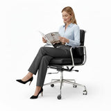 Aekinsly Top Grain Leather Mid-Back Executive Office Chair, Ergonomic Desk Chair with Aluminum Alloy Frame & 5-Star Base, Thick Plush Cushion, Lumbar Support Swivel Chair for Home Office Aekinsly