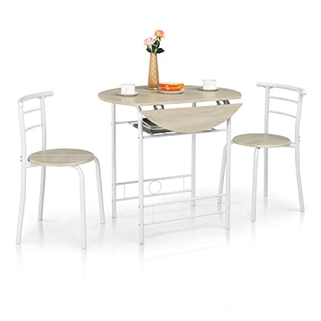 VINGLI 31.5" Drop Leaf Dining Table 3 Pieces for Small Space,Small Kitchen Table Set for 2,Round Folding Table with 2 Chairs for Home,Kitchen,Apartment,White&Oak VINGLI