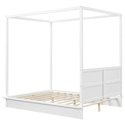 Bellemave Canopy Bed Frame Wood Four Posters Twin/Full/Queen/King LED Platform Bed with Built-in Headboard Strong Wooden Slat Support, No Box Spring Needed,White (Full)