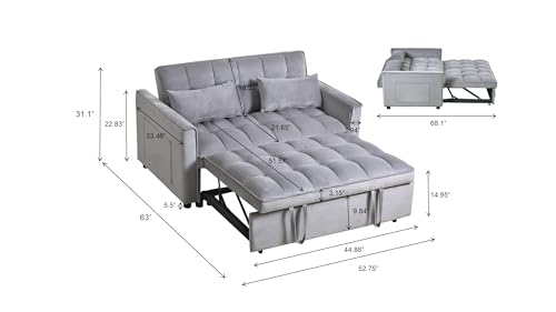 Yeehacc 3 in 1 Convertible Sleeper Sofa Bed, Pull Out Couch Loveseat Futon, Adjustable Backrest Velvet Sofa with Pillows and Side Pockets for Living Room Apartment, Light Grey Yeehacc
