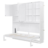 SOFTSEA Twin Murphy Bed with Storage Bookcase and Shelves, Space-Saving Horizontal Wall Bed with LED Light & Charging Stations for Small Spaces, Living Room, Guest Room, Bedroom, Office, White SOFTSEA