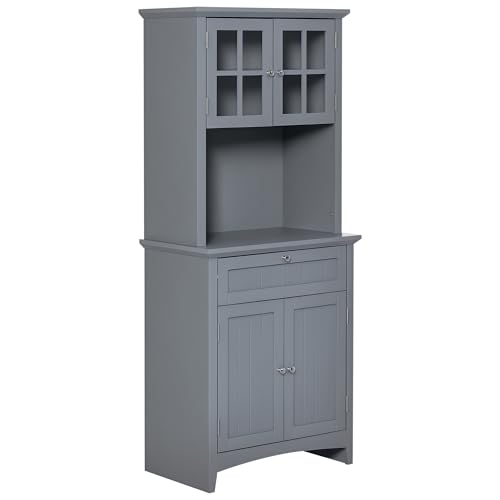 HOMCOM Elegant Buffet with Hutch, Kitchen Pantry Storage Cabinet with Framed Glass Door Drawer and Microwave Space for Dining Room, Living Room, Gray HOMCOM