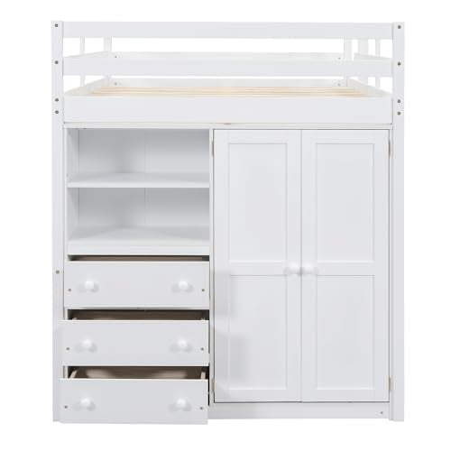 Merax Loft Bed Frame Full Size Wood with Built-in Wardrobe, Desk, Storage Shelves and Drawers, No Box Spring Needed Merax