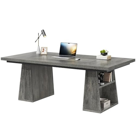 YITAHOME 63" Executive Desk, Large Office Desk Computer Desk with Double Pedestal and Storage Shelves, Wood Simple Workstations Writing Table Conference Table Business Furniture for Home Office, Grey YITAHOME