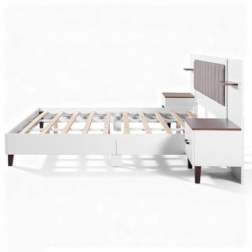 Merax King Size Bed Frame with 2 Nightstands and 2 Floating Shelves, Contemporary Platform Bed with Brown Polyester Upholstered Headboard, Middle Legs Support, No Box Spring Needed Merax