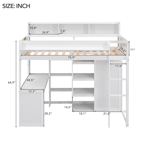 Twin Size Loft Bed with Wardrobe, Desk, and Storage by Harper & Bright Designs in White Finish - WoodArtSupply