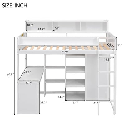 Twin Size Loft Bed with Wardrobe, Desk, and Storage by Harper & Bright Designs in White Finish - WoodArtSupply