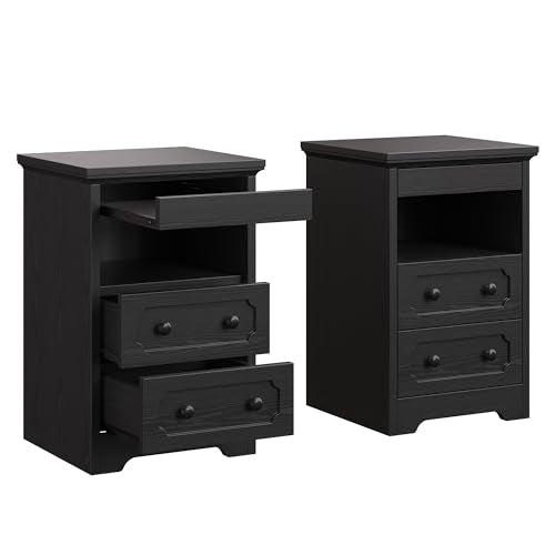 LIKIMIO Nightstand Set of 2, Night Stand with Pull Out Tray, Wooden Bedside Table with 2 Drawers and Open Shelf, Side Table for Bedroom, Black LIKIMIO