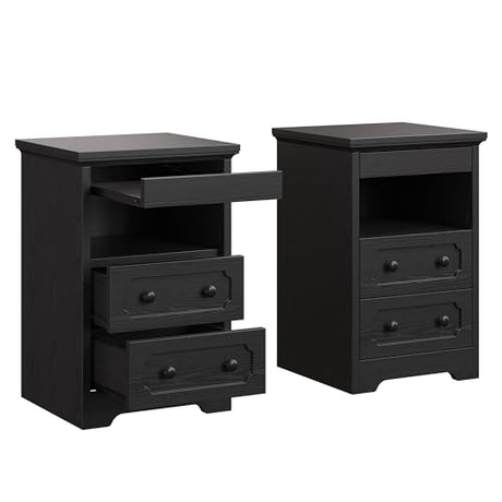 LIKIMIO Nightstand Set of 2, Night Stand with Pull Out Tray, Wooden Bedside Table with 2 Drawers and Open Shelf, Side Table for Bedroom, Black LIKIMIO