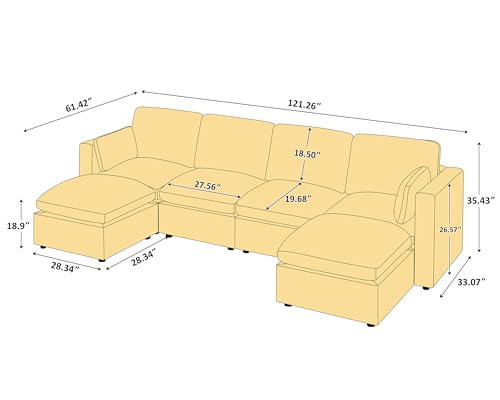 VANOMi 121" Modular Sectional Sofa, Convertible U Shaped Sofa Couch Modular Sectional with Ottoman, 6-seat Sectional Sofas for Lving Room Small Apartment