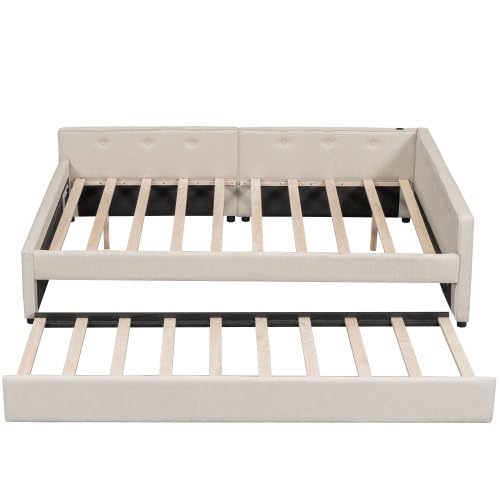 Daybed Upholstered Queen Size with Trundle and USB, L-Shaped Sofa Bed, Linen Tufted Platform Bed (Beige) Bellemave