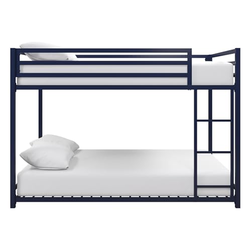 DHP Miles Low Metal Bunk Bed Frame for Kids, With Built-in Ladder, High Guardrail and Metal Slats, Floor Bed Bottom Bunk, No Boxspring Required, For Small Spaces, Full-Over-Full, Blue DHP