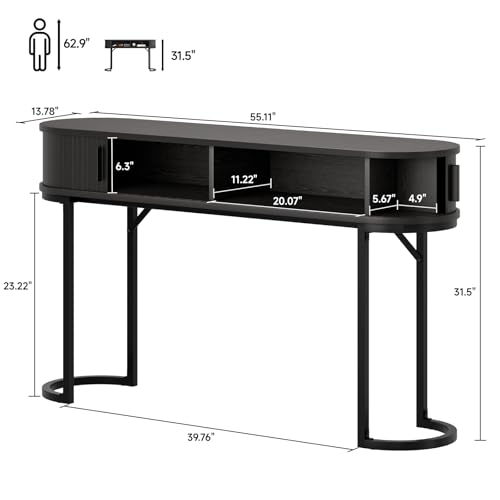 ONBRILL 55 Inch Console Table with 2 Drawers, Entryway Table with Sliding Door, Long Sofa Table Behind Couch w/Metal Leg, Mid-Century Modern Console Table for Entryway, Hallway, Living Room,Black ONBRILL