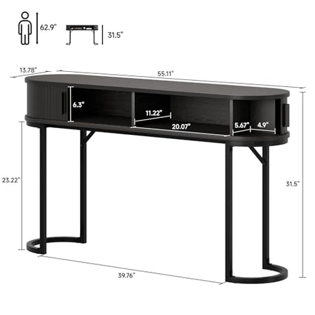 ONBRILL 55 Inch Console Table with 2 Drawers, Entryway Table with Sliding Door, Long Sofa Table Behind Couch w/Metal Leg, Mid-Century Modern Console Table for Entryway, Hallway, Living Room,Black ONBRILL